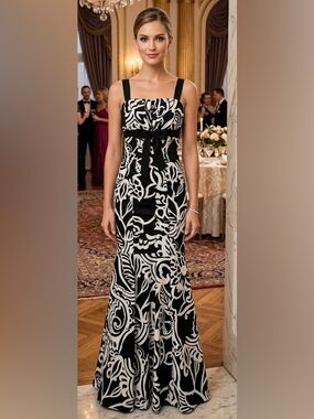 XSCAPE by Joanna Chen Black and White Strapless Dress Floral-Print Maxi Gown